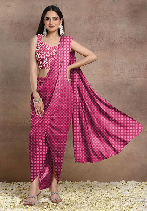 Pink Pre-Stitched Saree Set With Pearl Hand Embroidered Blouse