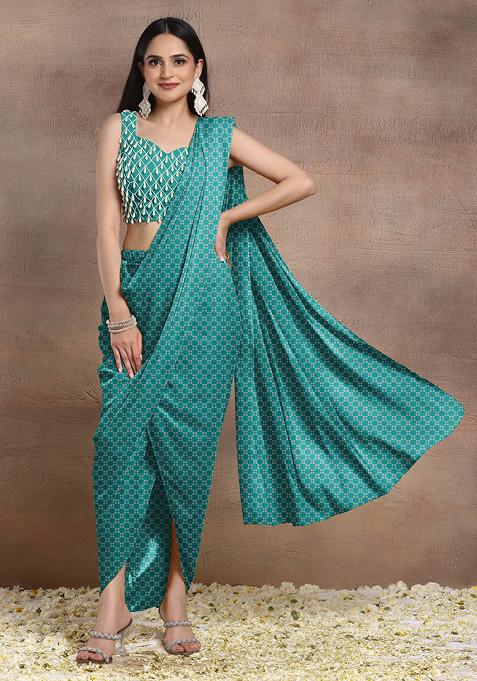 Blue Pre-Stitched Saree Set With Pearl Hand Embroidered Blouse