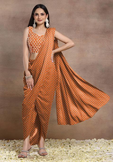 Orange Pre-Stitched Saree Set With Pearl Hand Embroidered Blouse