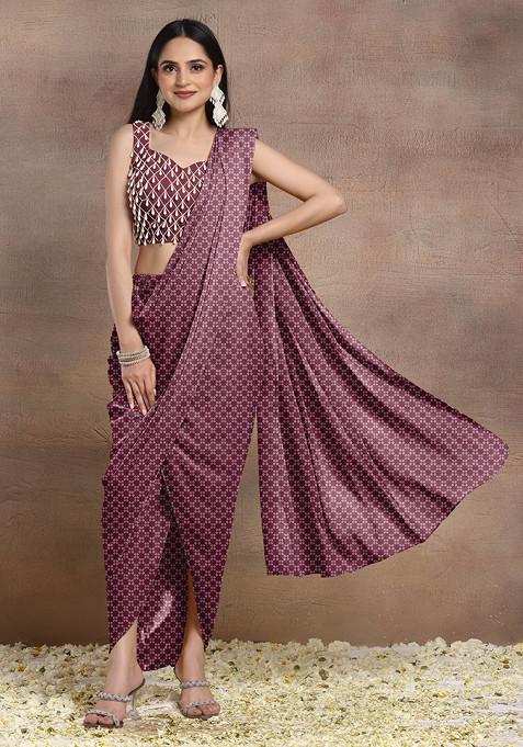 Maroon Pre-Stitched Saree Set With Pearl Hand Embroidered Blouse