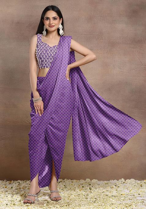 Purple Pre-Stitched Saree Set With Pearl Hand Embroidered Blouse