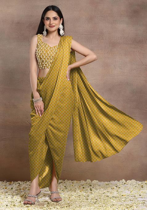 Yellow Pre-Stitched Saree Set With Pearl Hand Embroidered Blouse