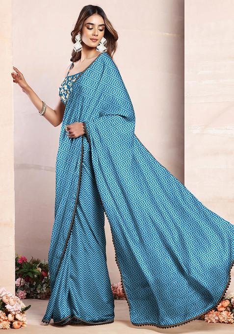 Light Blue Pre-Stitched Saree Set With Black Hand Embroidered Blouse