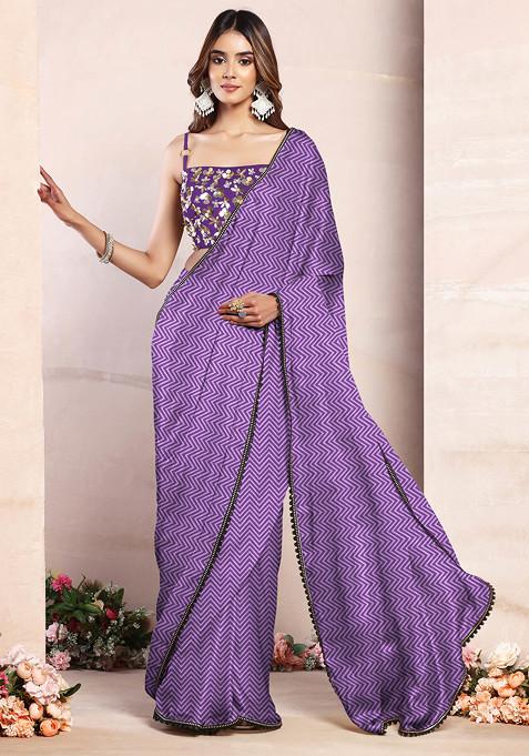 Purple Pre-Stitched Saree Set With Black Hand Embroidered Blouse