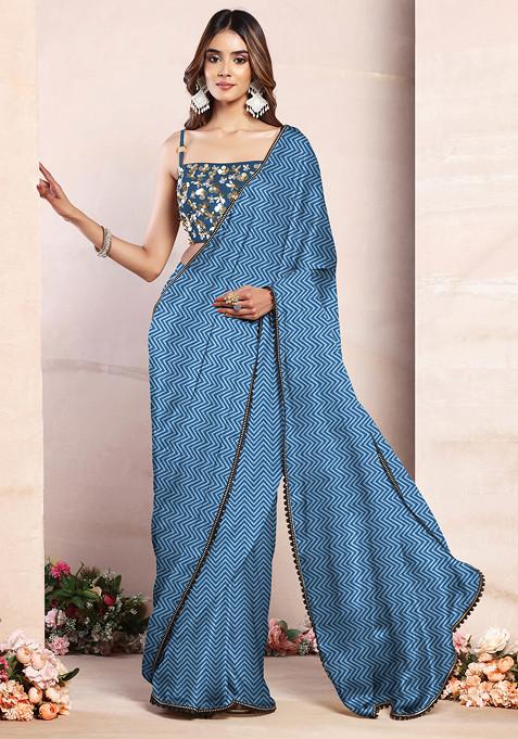 Blue Pre-Stitched Saree Set With Black Hand Embroidered Blouse