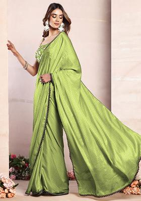 Lime Green Pre-Stitched Saree Set With Black Hand Embroidered Blouse