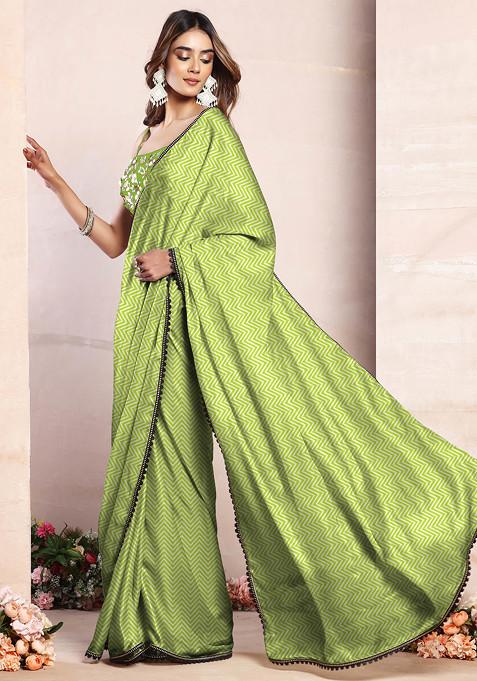 Lime Green Pre-Stitched Saree Set With Black Hand Embroidered Blouse