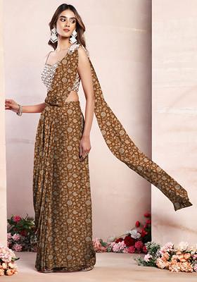 Brown Pre-Stitched Saree Set With Sequin Hand Embroidered Blouse