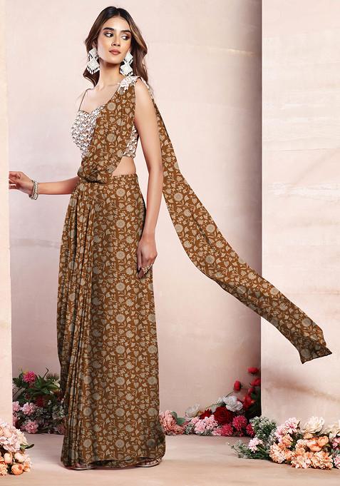 Brown Pre-Stitched Saree Set With Sequin Hand Embroidered Blouse