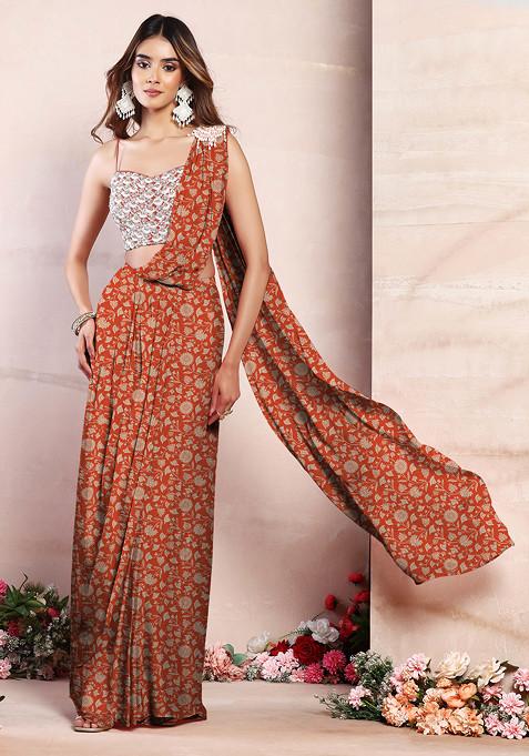 Orange Pre-Stitched Saree Set With Sequin Hand Embroidered Blouse