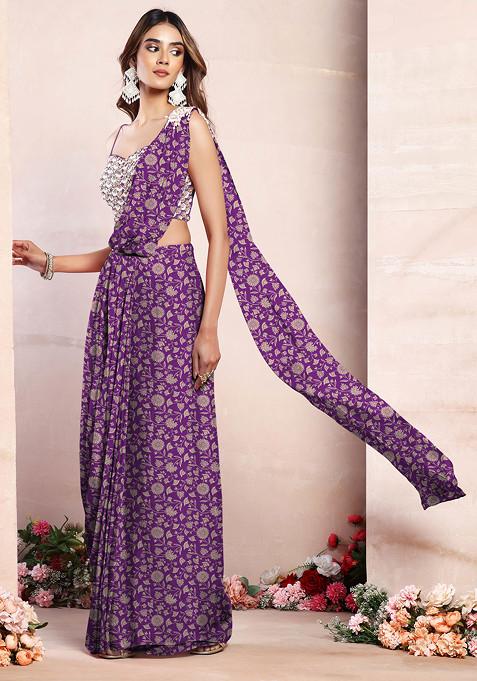 Purple Pre-Stitched Saree Set With Sequin Hand Embroidered Blouse