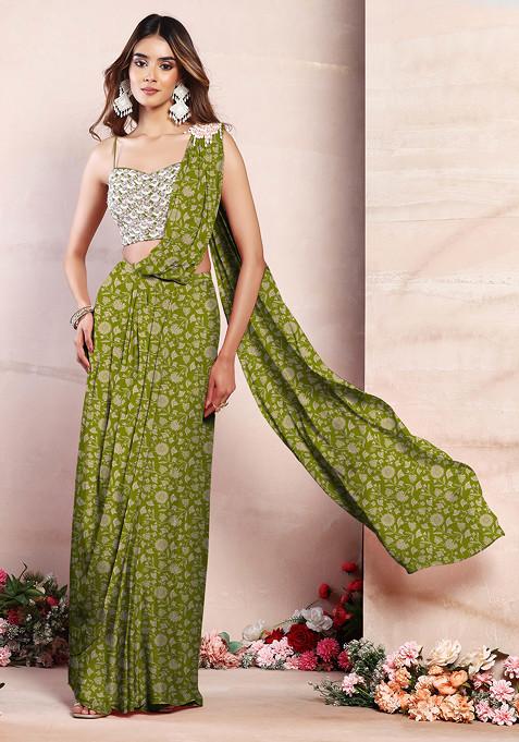 Green Pre-Stitched Saree Set With Sequin Hand Embroidered Blouse