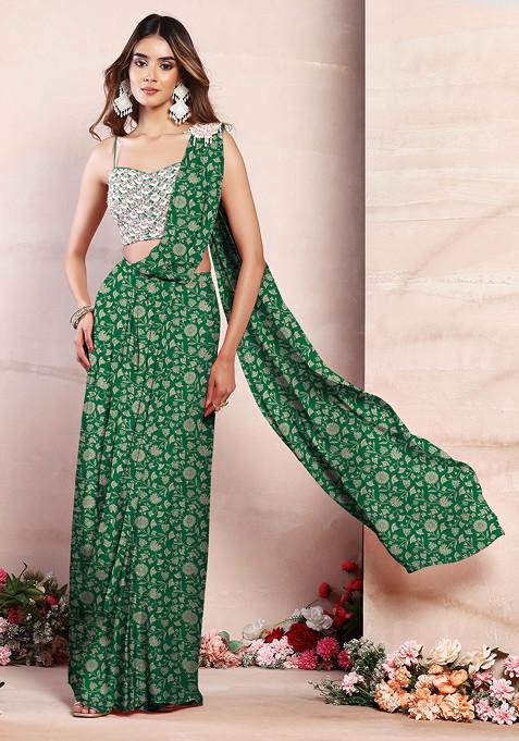 Dark Green Pre-Stitched Saree Set With Sequin Hand Embroidered Blouse