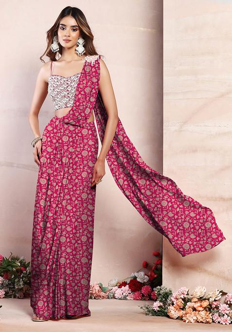 Dark Pink Pre-Stitched Saree Set With Sequin Hand Embroidered Blouse