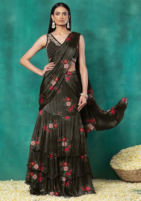 Black Ruffled Pre-Stitched Saree Set With Floral Hand Embroidered Blouse