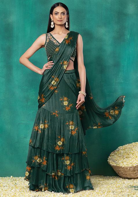 Green Ruffled Pre-Stitched Saree Set With Floral Hand Embroidered Blouse