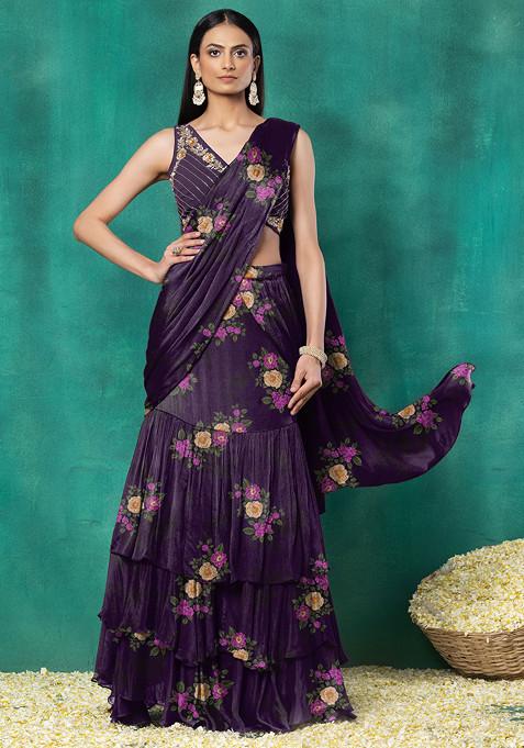 Purple Ruffled Pre-Stitched Saree Set With Floral Hand Embroidered Blouse