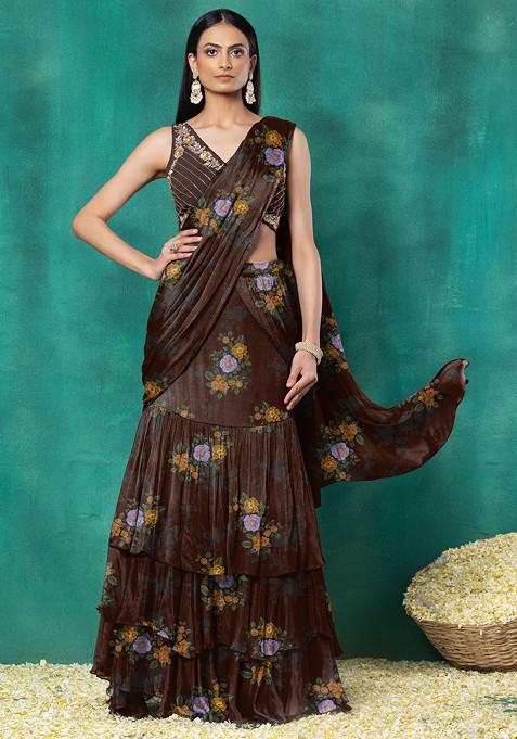 Brown Ruffled Pre-Stitched Saree Set With Floral Hand Embroidered Blouse