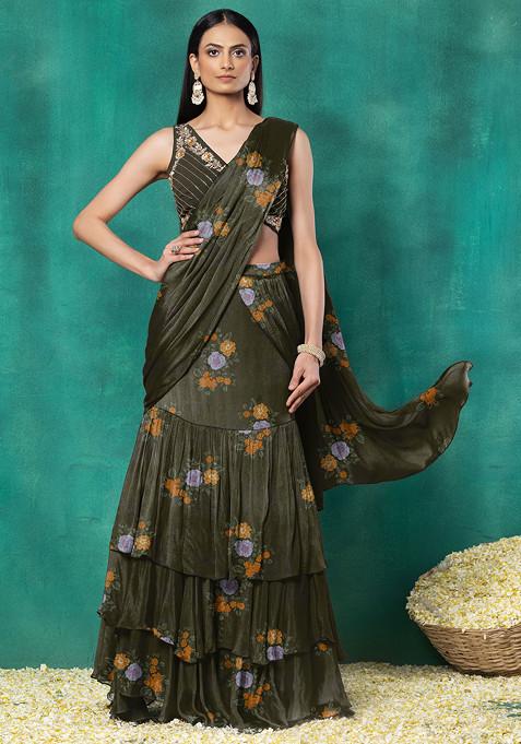 Deep Green Ruffled Pre-Stitched Saree Set With Floral Hand Embroidered Blouse