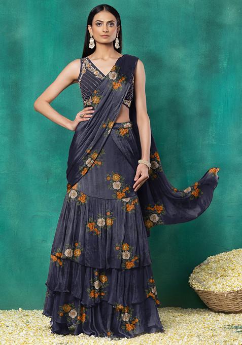 Blue Ruffled Pre-Stitched Saree Set With Floral Hand Embroidered Blouse