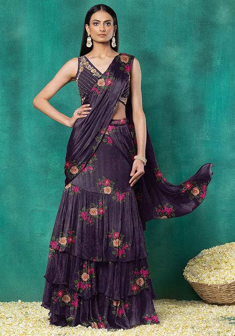 Purple Ruffled Pre-Stitched Saree Set With Hand Embroidered Blouse