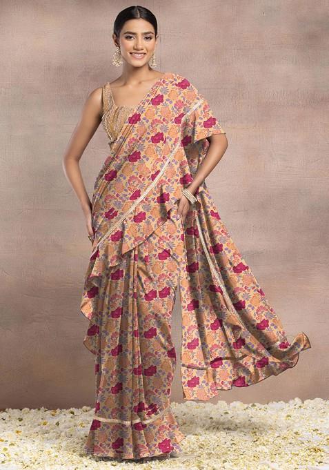 Peach Pre-Stitched Saree Set With Sequin Hand Embroidered Blouse