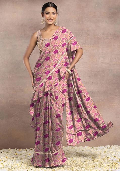 Light Peach Pre-Stitched Saree Set With Sequin Hand Embroidered Blouse