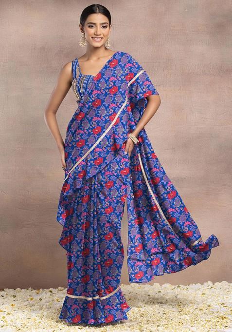 Navy Blue Pre-Stitched Saree Set With Sequin Hand Embroidered Blouse