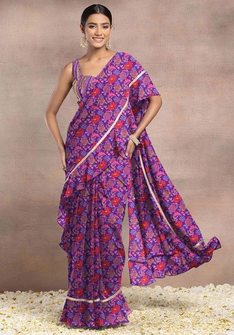 Purple Pre-Stitched Saree Set With Sequin Hand Embroidered Blouse