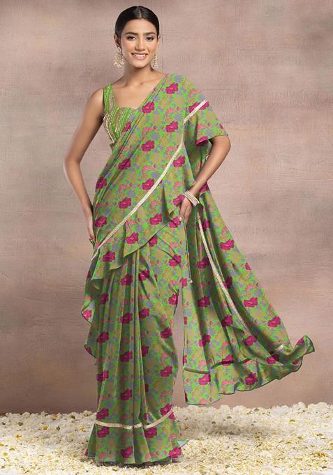 Green Pre-Stitched Saree Set With Sequin Hand Embroidered Blouse