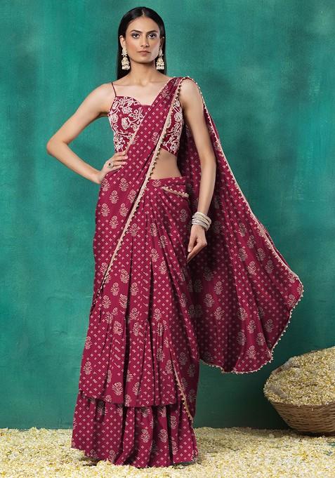 Maroon Tiered Pre-Stitched Saree Set With Floral Hand Embroidered Blouse