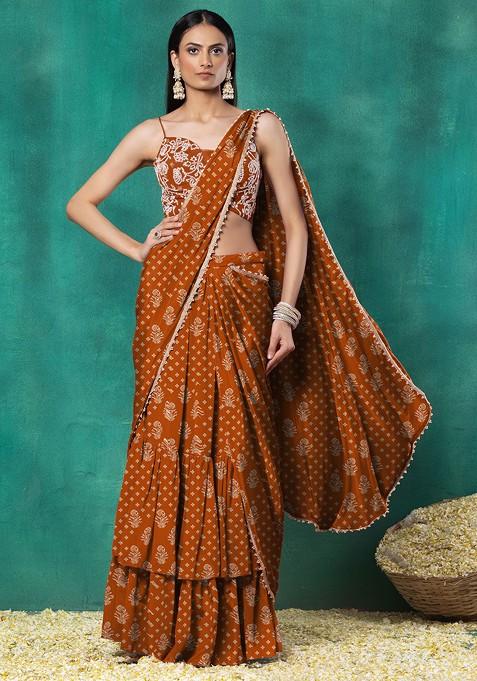 Orange Tiered Pre-Stitched Saree Set With Floral Hand Embroidered Blouse