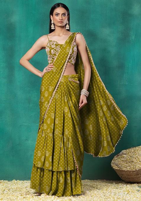 Lime Green Tiered Pre-Stitched Saree Set With Floral Hand Embroidered Blouse