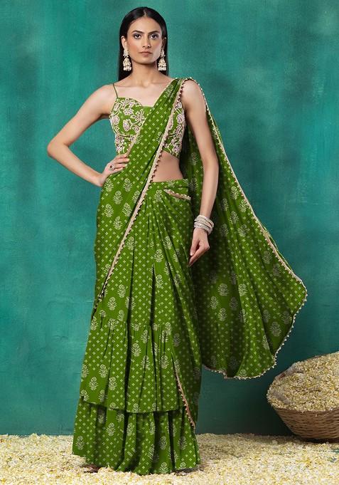 Green Tiered Pre-Stitched Saree Set With Floral Hand Embroidered Blouse