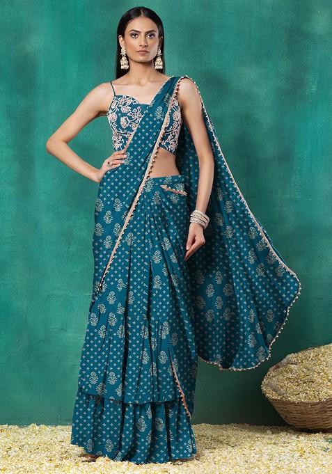 Blue Tiered Pre-Stitched Saree Set With Floral Hand Embroidered Blouse