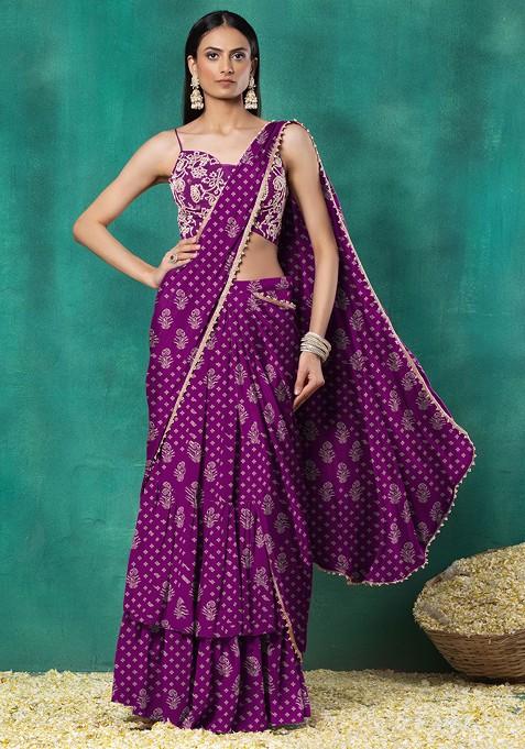 Purple Tiered Pre-Stitched Saree Set With Floral Hand Embroidered Blouse