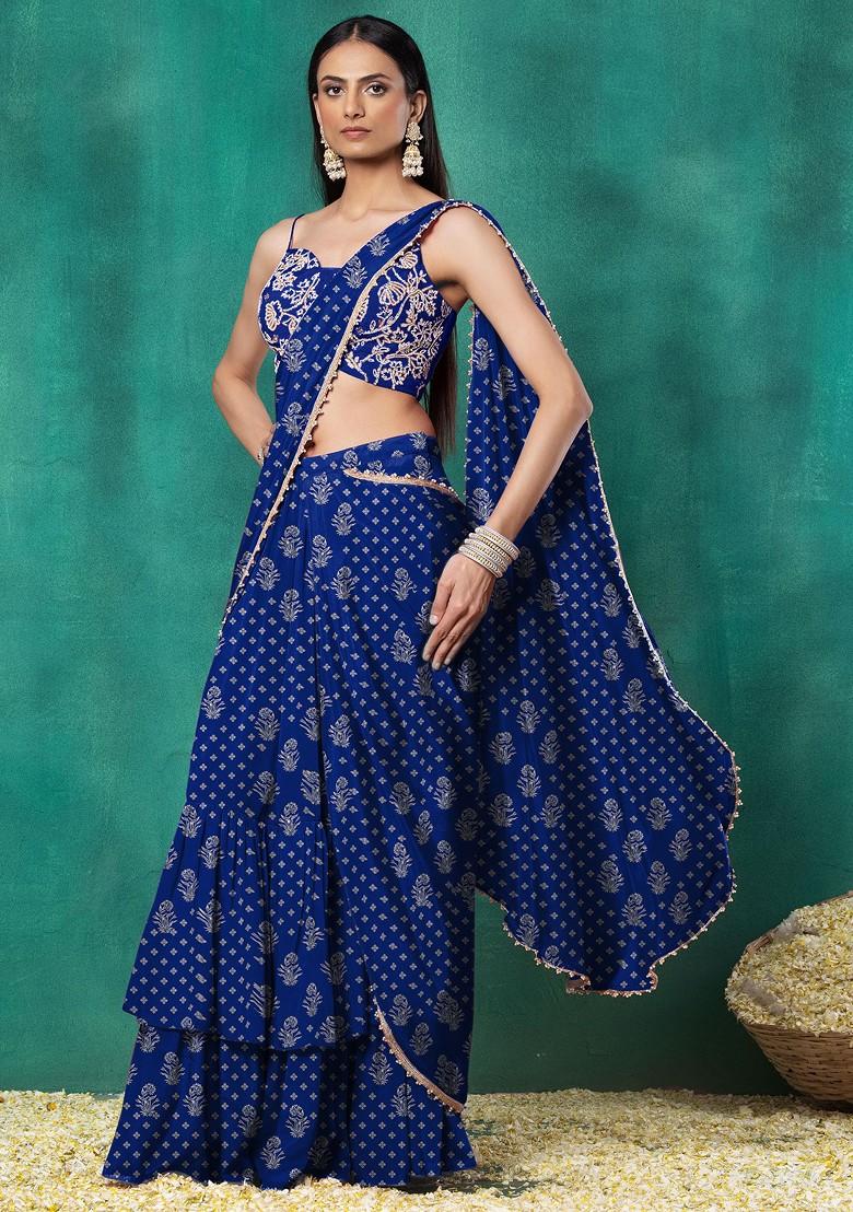 Navy Blue Tiered Pre-Stitched Saree Set With Floral Hand Embroidered Blouse