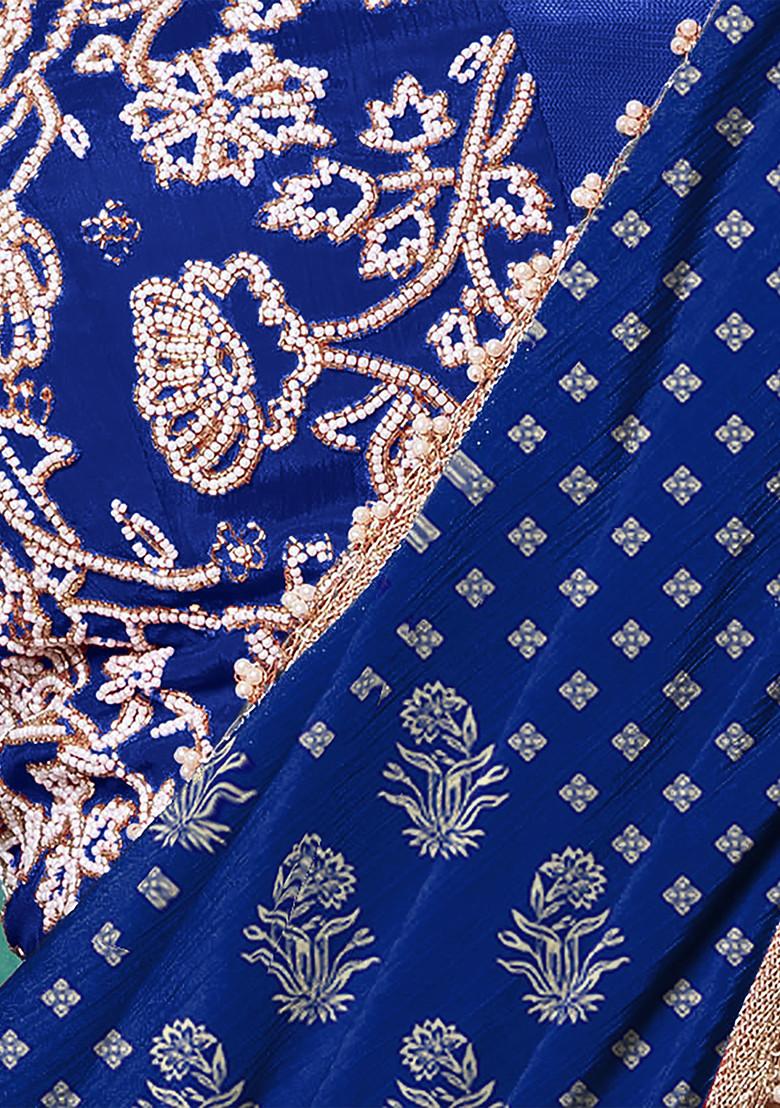 Navy Blue Tiered Pre-Stitched Saree Set With Floral Hand Embroidered Blouse