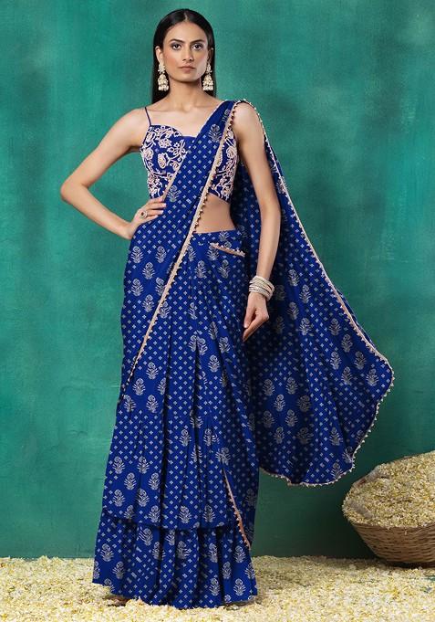 Navy Blue Tiered Pre-Stitched Saree Set With Floral Hand Embroidered Blouse