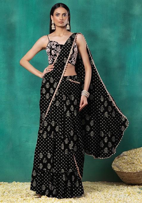 Black Tiered Pre-Stitched Saree Set With Floral Hand Embroidered Blouse