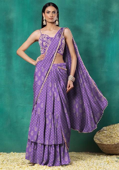 Lavender Tiered Pre-Stitched Saree Set With Floral Hand Embroidered Blouse