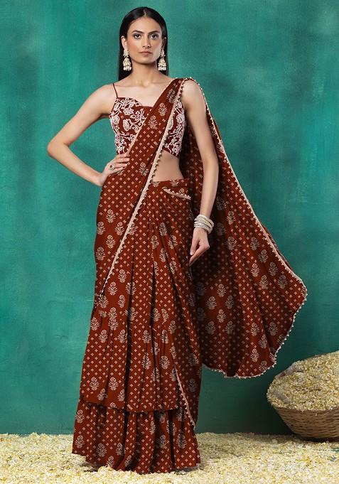 Brown Tiered Pre-Stitched Saree Set With Floral Hand Embroidered Blouse