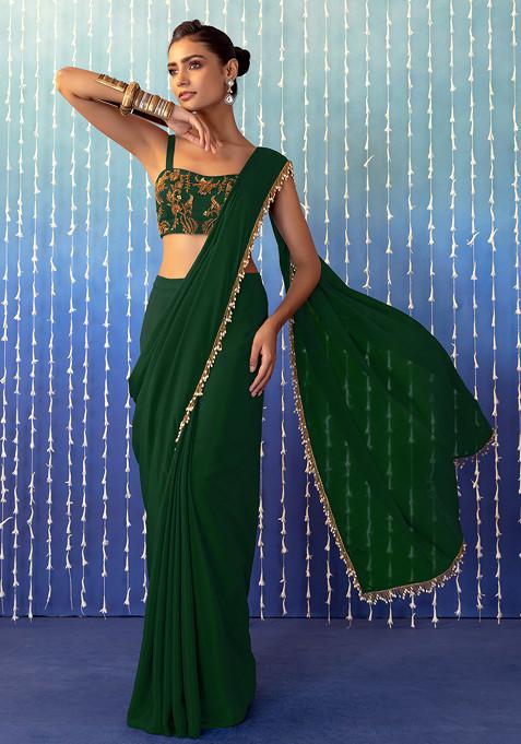 Deep Green Pre-Stitched Saree Set With Floral Embroidered Strappy Blouse