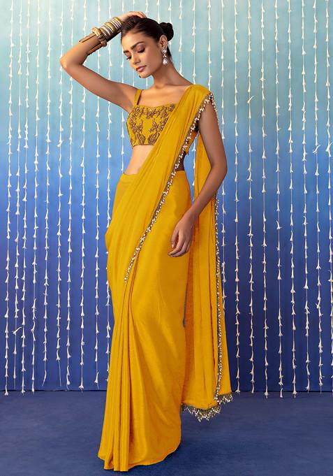 Mustard Pre-Stitched Saree Set With Floral Embroidered Strappy Blouse