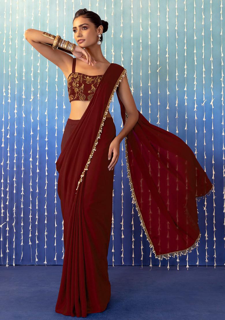Red Pre-Stitched Saree Set With Floral Embroidered Strappy Blouse