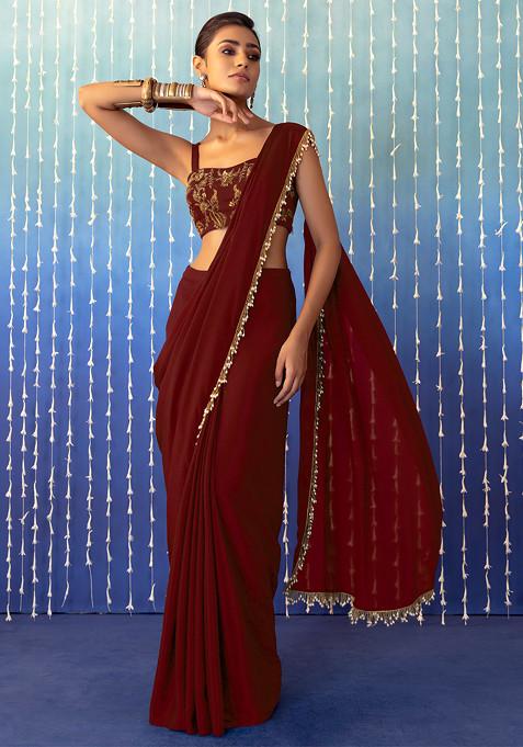 Red Pre-Stitched Saree Set With Floral Embroidered Strappy Blouse