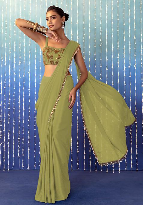 Lime Green Pre-Stitched Saree Set With Floral Embroidered Strappy Blouse