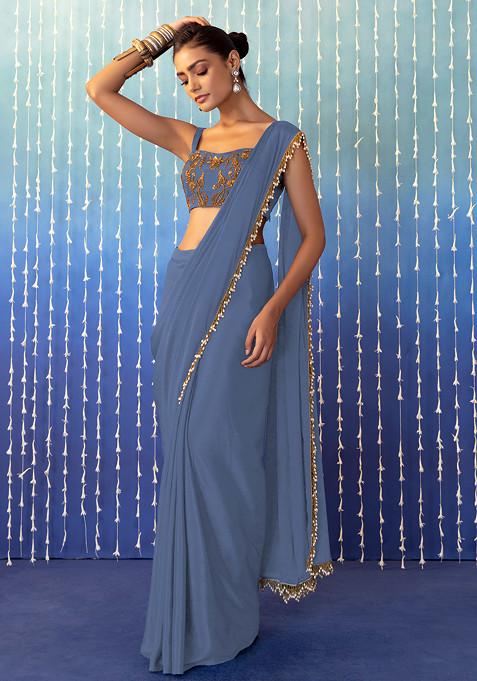 Blue Pre-Stitched Saree Set With Floral Embroidered Strappy Blouse