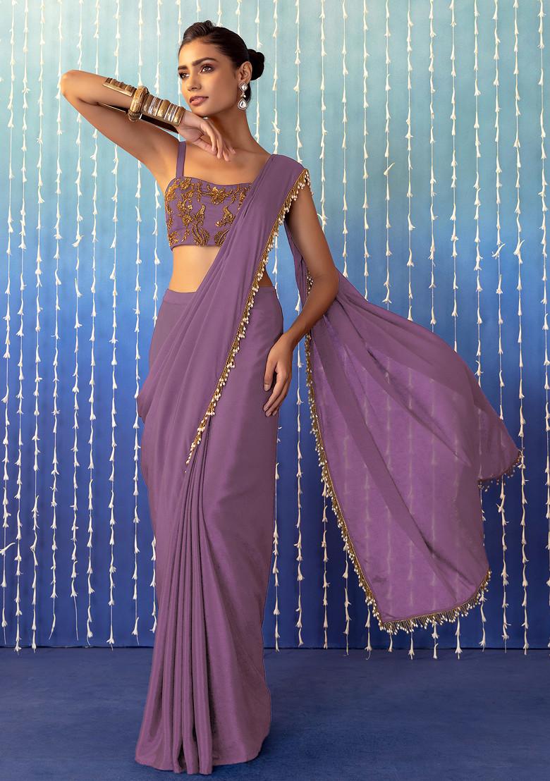 Lavender Pre-Stitched Saree Set With Floral Embroidered Strappy Blouse