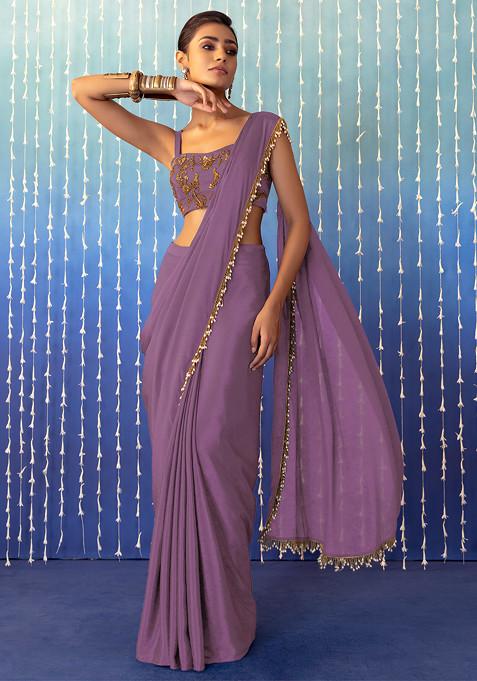 Lavender Pre-Stitched Saree Set With Floral Embroidered Strappy Blouse